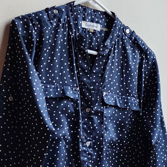 Calvin Klein Navy Polka Dot Button Down Shirt Size Petite Small - Picture 2 of 16
